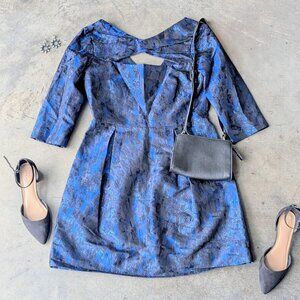 Lela Rose Blue Black Silk Metallic Jacquard Bateau Neck Mini Dress size 12